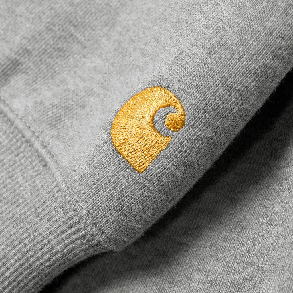 Carhartt WIP Hooded Chase Sweat - Grey Heather / Gold - Close Up Embroidered Sleeve Logo